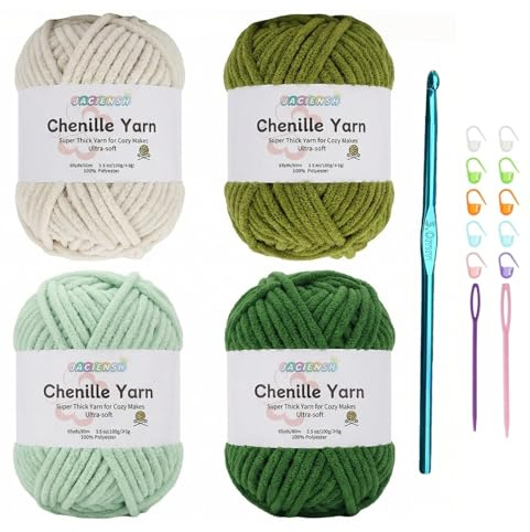 Jaciensh Chenille Wolle zum Häkeln 4x100g Häkelgarn Dicke Wolle Flauschige Babywolle,Ideal für Anfänger & Profis, Perfekt für Amigurumi & Decken (Grün - 4)