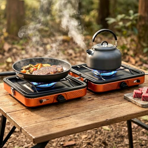 Delousiber Portable Folding Camping Gas Stove with 2 Burners, 4400W Double Flame High Power Stove, Compact Dual Burner Gas Hob with Separated 1m Hose & Carrying Bag for Outdoor BBQ, Backpacking