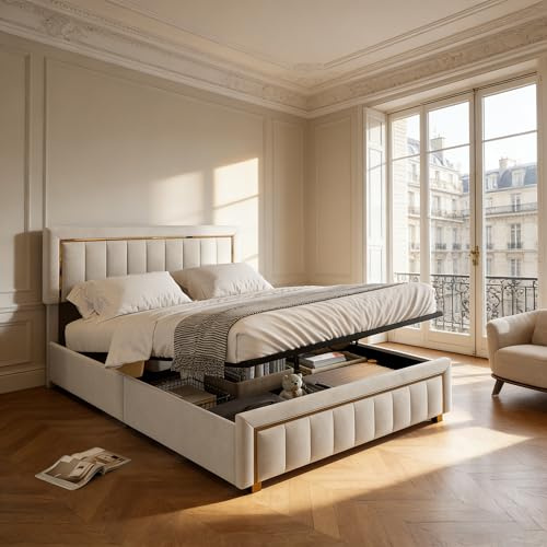 BRYXR Lit Coffre 160x200 avec Sommier, Lit Double Rembourré en Velours Beige Déperlant, Design à Rayures Verticales et Bordure Dorée, Grand Espace de Rangement Hydraulique pour Chambre Adulte