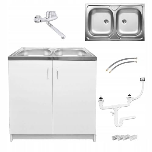 Stamar Möbel Spüle mit Unterschrank 80 cm Weiß Küchenspüle 2-Kammer & Edelstahl-Spülbecken kompakter Spülenunterschrank für Küche, Standschrank 49 cm Tiefe Siphon Montagefertig
