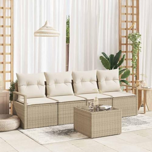 Tonture Garten Loungeset 5-teilig, Beige Creme Poly-Rattan Sofa Set, UV-beständig, Stahlrahmen, abnehmbare Kissen, für Terrasse, Balkon, Außenbereich