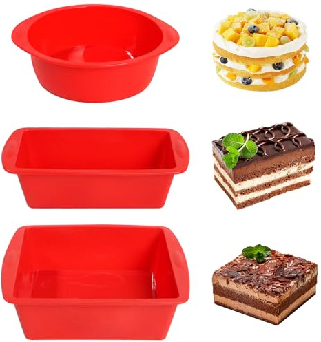VINATO Silikon Backformen Set, 3 Stück Antihaft Backform Silikon Rund Kuchenform Brotbackform Silikonformen Backen für Brownie, Kuchen, Brot, Quiche, BPA-frei, Rot