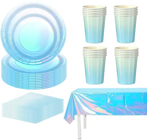 81P Colorful Laser Foil Paper Party Tableware Set,Blue Sparkling Party Paper Plates Napkins Cups for Her Birthday,Sparkling Blue Tablecloth for Christmas Dinnerware Wedding,Baby Shower Party Dec