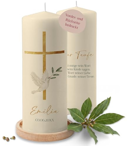 Taufkerze - Taufe - Goldenes Kreuz mit Taube, Name, Spruch, Datum - Taufgeschenk personalisiert Deko - 230/78 mm - Elfenbein