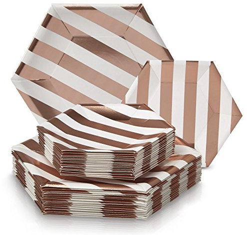 PARTY DISPOSABLE 36 PC DINNERWARE SET | 18 Dinner Plates | 18 Side Plates | Heavyweight Paper Plates | Hexagon Design | for Upscale Wedding and Dining (Stripe Collection – White/Rose)