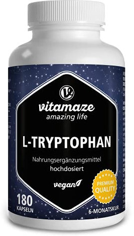 L-Tryptophane 500mg 180 Capsules - Qualité du Sommeil + Bonne Humeur - Acide Aminé Essentiel pur Naturellement Fermenté -180 Gélules Vegan - Qualité Allemande, sans Gluten et Additifs Inutiles