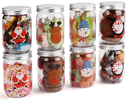 BELLE VOUS Christmas Candy Jars (8 Pack) - 260ml Plastic Storage Jar with Screw Top Aluminium Lid - 4 Christmas Themed Designs - Xmas Decoration Jars for Treats, Cookies, Candies, Gift for Kids