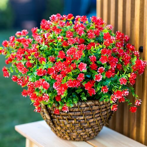 AXYLEX Artificial Flowers for Outdoors Fake Plants - 12 Bundles Faux UV Resistant No Fade Plastic Greenery Home Garden Porch Patio Decoration Boxwood Shrubs (Red)