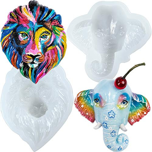 Moldes de silicona de resina epoxi con cabeza de león y elefante para espíritu, tótem animal, safari de la selva, decoración de tartas 10 cm