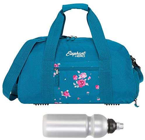 Elephant Sporttasche Mädchen Damen Signature Hero Sport Kinder Tasche mit Naßfach Schuhfach 47 cm 12800 + Trinkflasche (Blue Flower (Blau/Rose))