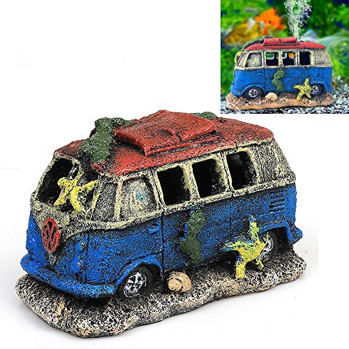 Rainbow_Road Aquarium Decoration Resin Imitation Car Wreck,Fish Tank Supplies Accessories Ornament Hideouts Stone Air Bubble Stone Oxygen Pump Fish Tank (Bus)