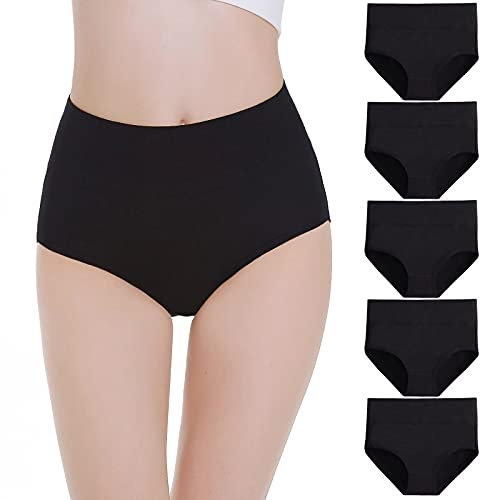 Falechay Unterhosen Damen Slips Damen Unterwäsche Frauen Baumwolle Pantys High Waist Taillenslip 5er Pack,Schwarz02,M