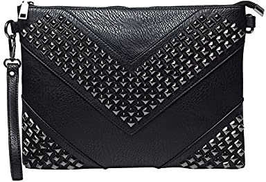 NIGEDU Übergroße Clutch-Tasche für Damen, PU-Leder, Umhängetaschen, Nieten, Handgelenk, Handtasche mit Nieten, schwarz, Large