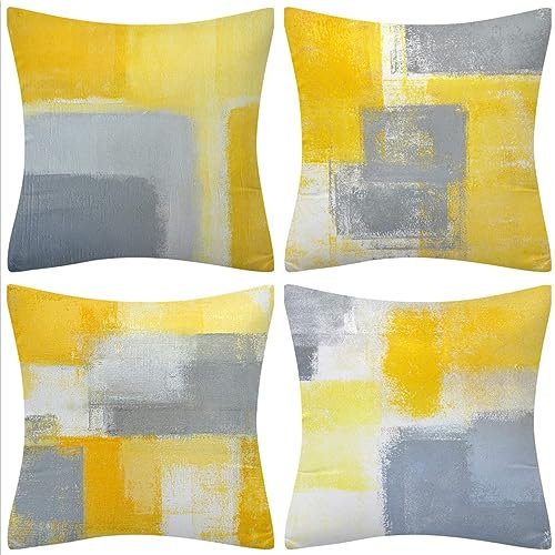 QUALKNOY Set of 4 Cushion Covers 18x18 Yellow and Grey Linen Modern Abstract Art Decorative Throw Pillow cases 45 x 45cm for Living Room Outdoor Décor