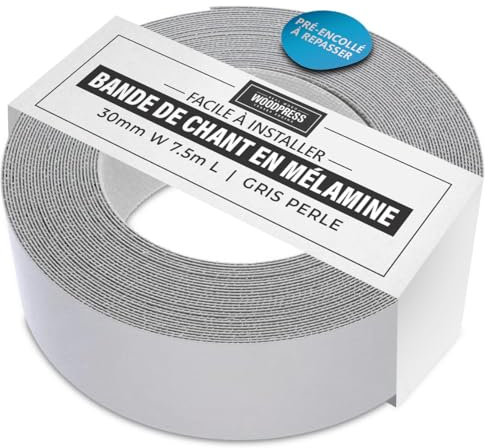 WoodPress® 30mm Perlgrau Melamin Kantenumleimer mit Schmelzkleber – 7,5m Rolle – Einfaches Aufbügeln für Heimwerker