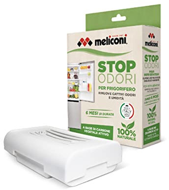 Meliconi Stop Frigorifero a Base di Carboni Attivi vegetali, rimuove i Cattivi odori e assorbe l'umidità in eccesso. 100% Naturale. Made in Italy, Bianco, Media