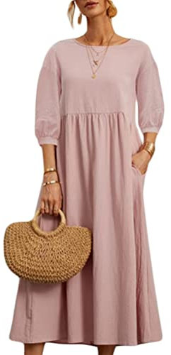 ORANDESIGNE Robe Tunique Femme Fluide Chic et Elegant Longue Droite Swing Robe Plage Bohème Ample Robe Tee Shirt avec Poche Robe Casual Décontractée D'été A Rose XL