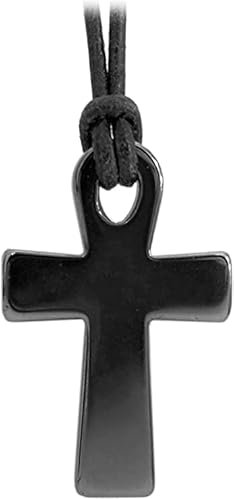 Kaltner Präsente Edelstein Halskette mit Anhänger/Hämatin Ankh/Lederband mit Kreuz Anhänger/Hochwertiger Edelsteinanhänger mit Lederkette/Edelsteinkreuz 30 x 20 mm