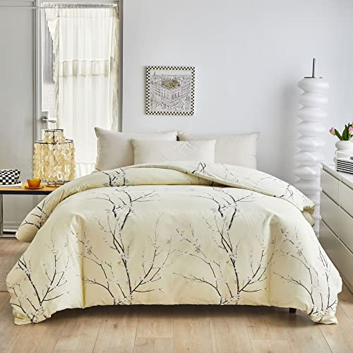 OLDBIAO Bettwäsche 200x200 cm Set, Mikrofaser Bettbezug 200x200cm und Kissenbezüge 80x80cm, Ästhetisch Blume Zweig Design, Beige Bettdecke Cover mit Reißverschluss für Doppelbett