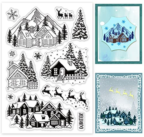 BENECREAT 16x11 cm/6.3x4.3 Zoll Winter Schneehaus Klarsichtstempel, Elch/Schneeflocke/Heiliger Baum Transparente Silikonstempel Für Weihnachtskarten, Dekoration Und DIY-Scrapbooking-Album