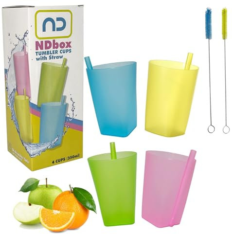 NDBOX 350ml Tumbler with Straw, and Cleaning Brush - Water, Fruit Juice Apple Juice, Milk Unbreakable Drinking Cups for Active Kids - Top-Rack Dishwasher Safe (Cups Straw 4pcs + 2pcs Brush)