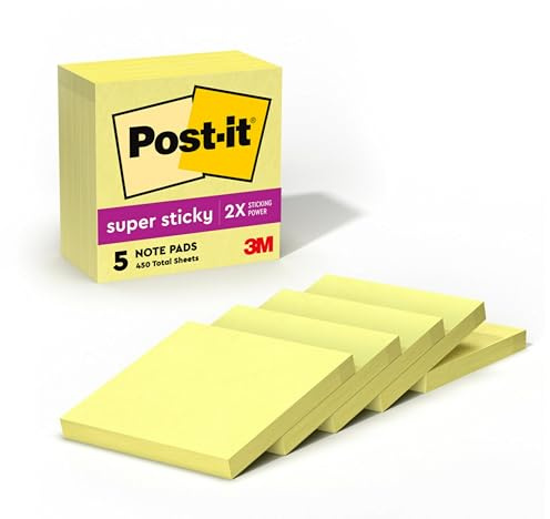Post-it Super Sticky Notes, 5 Sticky Note Pads, 3 x 3 in., School Supplies, Office Products, Sticky Notes for Vertical Surfaces, Monitors, Walls and Windows,Canary Yellow