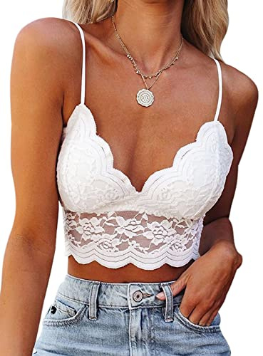 heekpek Camiseta sin Mangas Mujer Verano Cuello en V Encaje Camisola Crop Top Mujer Camisetas de Tirantes Mujer, Blanco, S