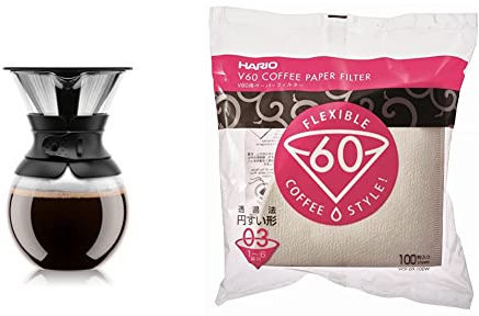 BODUM Pour Over Coffee Maker with Filter, Borosilicate Glass - 1.0 L, Black & HARIO V60 Coffee Filter Papers White 100 Sheets, Size 3-100pcs