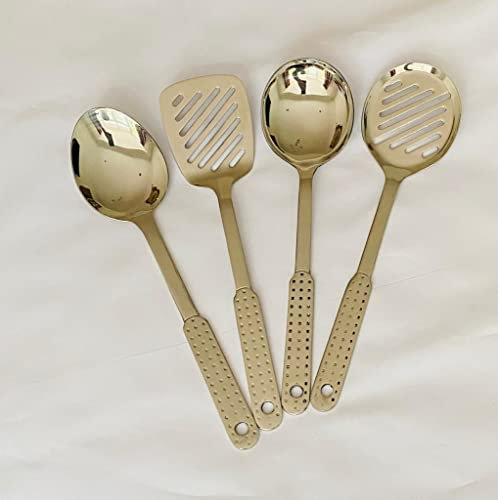 KKS Stainless Steel Set of 4 Cooking or Serving Spoons 10 Long with Hanging Hole - Slotted Turner, Rice Serving, Slotted Skimmer, Curry Serving,