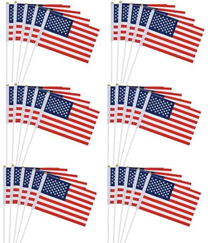 50 Pièces Petit Drapeau Américain avec Baton Drapeau USA Tenus à Manivelle Fanions États-Unis Mini Drapeau Stick Flag pour Fête Défilés Matchs de Football Evénement Sportif Jardin Décoration de Bar