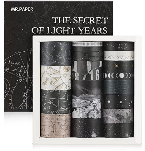 lyroiphic Schwarzes Washi Tape Set - 20 Rollen Vintage Dekoband mit Weltraum, Galaxie, Stern und Konstellation, perfekt für Bullet Journaling, DIY Kunsthandwerk, Scrapbooking-Zubehör