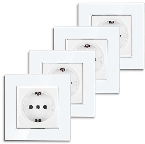 4er-Pack CNBINGO Schuko Steckdose Unterputz mit Krallen, Einzel Steckdose Gehärteter Glasscheibe, Weiß Schutzkontakt Wandsteckdose, 1-Fach, 16Amp, 250V