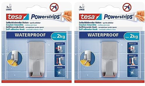 tesa Powerstrips Waterproof Haken Zoom Metall - Wasserfester Klebehaken aus Edelstahl für Badezimmer und Dusche (Packung mit 2)
