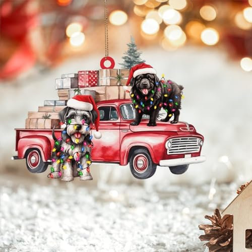 2D-Acryl-Weihnachtsschmuck, Weihnachts-LKW-Baum, niedliche Hunde-Ornamente für Weihnachtsbaum, hängende Dekoration, lustige Weihnachtskugeln, Strumpffüller, Haustier-Hunde-Geschenke für Kinder,