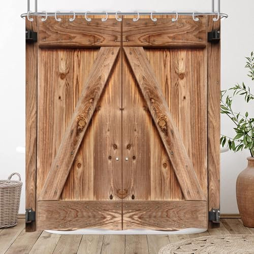 Hnmdmyi Duschvorhang Rustikal 120x200, Bauernhaus Holz Garage Scheunentür Duschvorhänge Braun Land Vintage Kunstwerk Badewanne Vorhang Wasserdicht Polyester Stoff Waschbar Badevorhang mit Haken