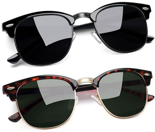 Joopin Halbrahmen Sonnenbrille Herren Polarisiert Schwarze Brille Set und Vintage Sonnenbrille Damen Grün Retro (Voll Schwarz und Schildkröte G15)