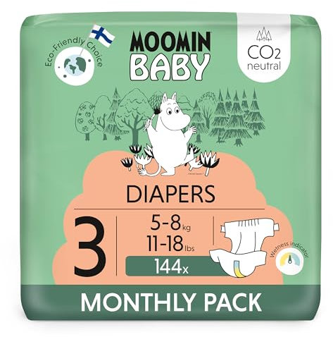 Moomin Baby Öko Windeln Größe 3, 5-8 kg 144 Stück Monatsbox, Weiche Premium Windeln | Weich und hautfreundlich, Atmungsaktiv, Saugfähig, Keine unnötigen Chemikalien |