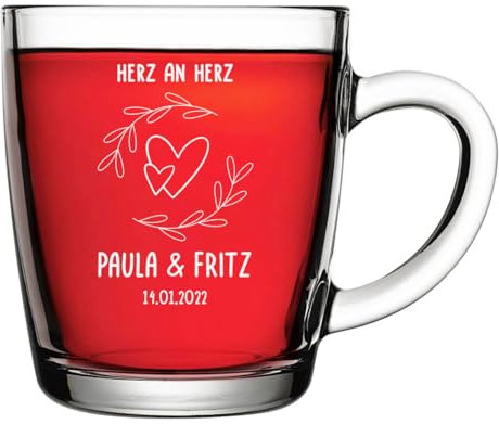 polar-effekt Taza de té de cristal de 340 ml con grabado personalizado – Taza de café de vidrio borosilicato – Ideal como regalo de boda – Vaso de té para parejas