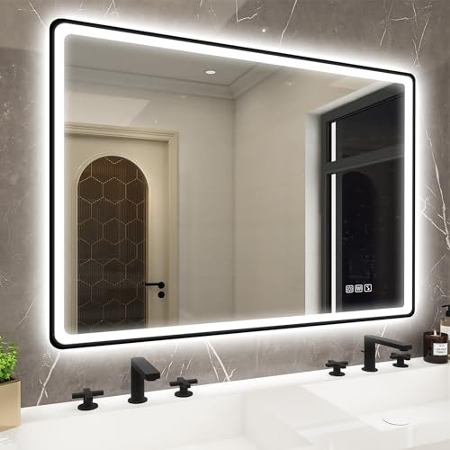 STARLEAD 1000x700 mm Black-Bathroom-Mirror-with-LED-Lights and Bluetooth, LED-Bathroom-Mirror-Wall-Mounted with Anti-fog, 3 Colours Dimmable, Memory Function, IP44, Tempered Glass, Horizontal/Vertical