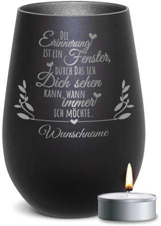 PR Print Royal Trauer Windlicht mit Gravur - Die Erinnerung - mit Name gravieren - Trauergeschenk, Gedenklicht, Geschenke für Trauernde | inkl. Teelicht, 450 ml, Schwarz/Silber