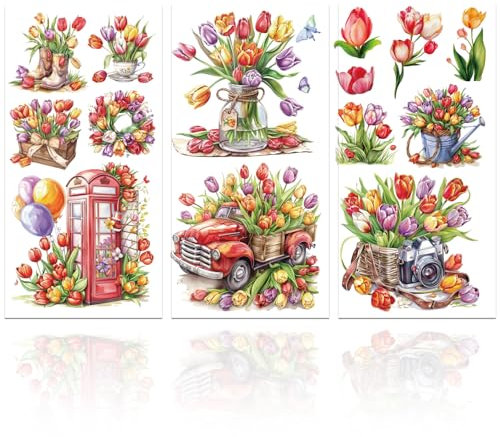 GLOBLELAND 3 Stück Tulpenmöbeltransfer 6x12 Zoll Ballonvase Blumen Rub On Transfer Selbstklebende Wandtattoos Für Schlafzimmer Wohnzimmer Schreibtisch Tischdekoration