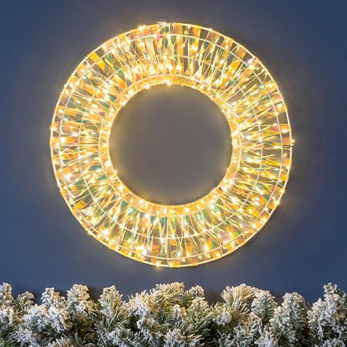 CHRISTOW Light Up Christmas Wreath 38cm, Iridescent Warm White Micro LED Hanging Door Wall Window Decoration, Mains Powered, Indoor Outdoor Home Garden (300 LEDs)