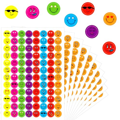 4800 Stück Smiley Aufkleber, 7 Farben Smiley Emoji Sticker, 10mm Belohnungssticker für Lehrer, Eltern, Büros für Auszeichnungen, Dekorationen und Beschriftungen