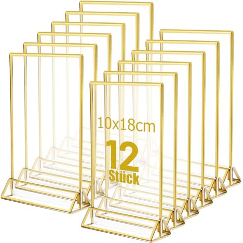 Cptoion 12 Stück Goldener Doppelseitiger Bilderrahmen,10x15cm Acryl Schilderhalter mit Goldenen Rändern,Acryl Gold Tischnummer Halter,Goldrahmen für Hochzeit Tischnummern Speisekartenhalter Fotorahmen
