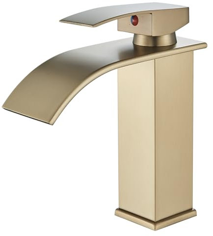 Hevenaov Wasserhahn Bad Wasserfall, Waschtischarmatur gebürstetes Gold, Messing Einhandmischer Armatur Waschbecken,Heiß und Kalt einstellbar,Wasserhahn Bad Wassersparend