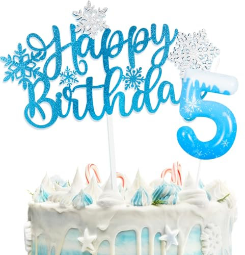 Snow Thema Kuchen Deko mit Happy Birthday Tortendeko und Geburtstagskerzen Zahl 5 für 5.Geburtstag Mädchen Junge Kinder Geburtstagsfeier