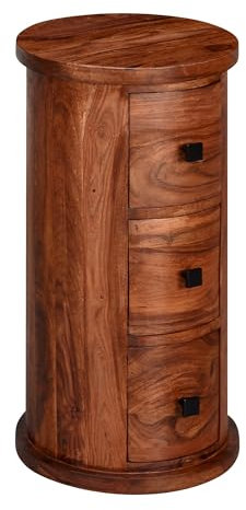 Design Sideboard Sheesham Massivholz 35x65x35 cm | Schränkchen mit 3 Schubladen | Schmaler Beistellschrank Massiv | Mini Kommode Rund