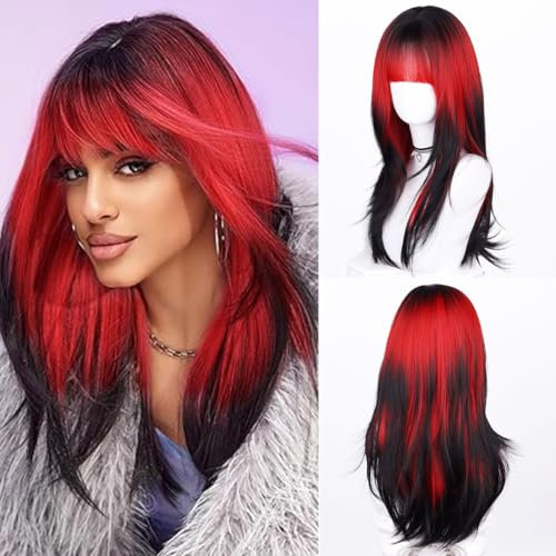 Wepwcod Ombre Rot Perücken für Frauen Lang Glatt Gerade Perücken mit Spitze Mittelscheitel für Frauen Natürliche Synthetische Haare Perücke für den täglichen Gebrauch & Party