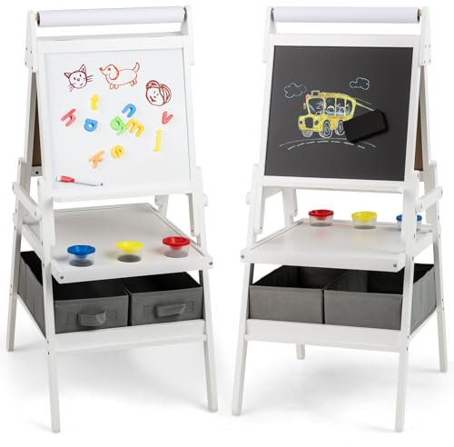 COSTWAY 3-in-1 Tafel Kinder, doppelseitige Kindertafel mit Papierrolle & magnetischer Kreidetafel & Whiteboard, inkl. 3 Farbbechern & 2 Boxen, Staffelei für Kinder ab 3 Jahren (Weiß)