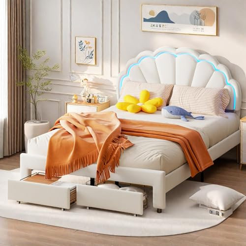 Mädchen Bett 140x200 mit 2 Schubladen, Kinderbett mit Stauraum und LED Beleuchtung, Kinderbett Doppelbett Jugendbett Stauraumbett Bettgestell mit Lattenrost, Samt, ohne Matratze